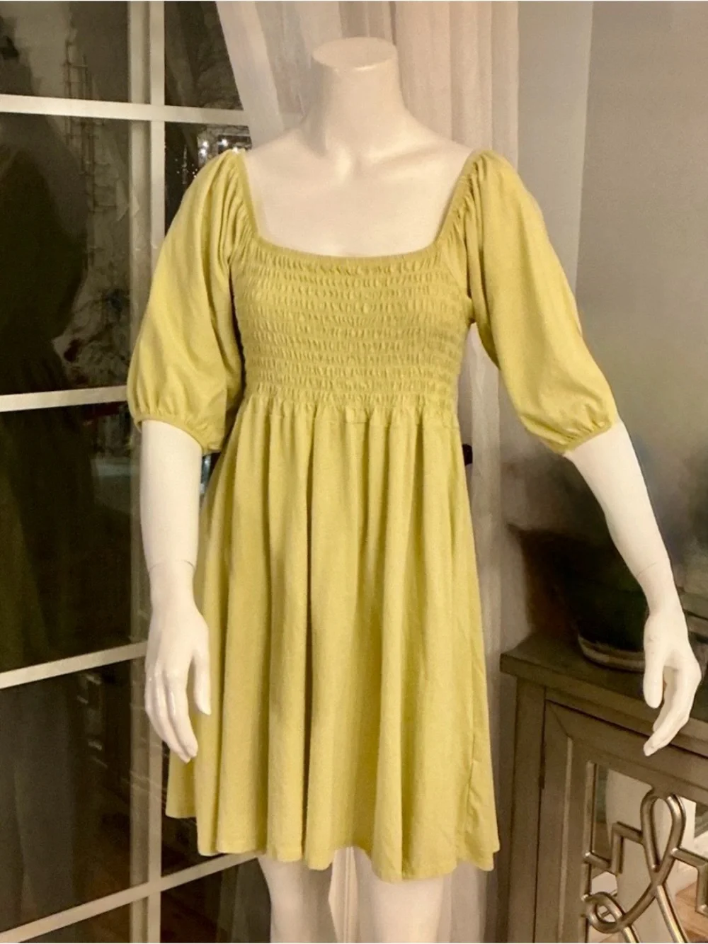 J. Crew Smocked Babydoll Mini Dress in Chartreuse Casual Boho Ultra Comfy Small